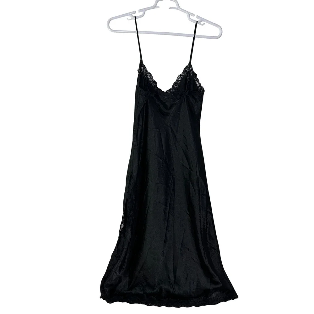 Vintage‎ Chanteause Slip Dress Lingerie Women's Medium Black Lace Side Slit Gown - Picture 2 of 7